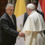 
              Pope Francis shakes hands with Hungarian Prime Minister Viktor Orban at Budapest's Museum of Fine Arts, Sunday, Sept. 12, 2021. Francis is opening his first foreign trip since undergoing major intestinal surgery in July, embarking on an intense, four-day, two-nation trip to Hungary and Slovakia that he has admitted might be overdoing it. (Vatican Media via AP)
            