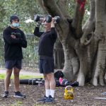 
              A personal trainer watches a client workout in a park in the eastern suburbs of Sydney Tuesday, Sept. 14, 2021. Personal trainers have turned a waterfront park at Sydney’s Rushcutters Bay into an outdoor gym to get around pandemic lockdown restrictions. (AP Photo/Mark Baker)
            