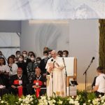 
              Pope Francis meets with young people at Lokomotiva Stadium in Košice, Slovakia, Tuesday, Sept. 14, 2021. Francis first trip since undergoing intestinal surgery in July, marks the restart of his globetrotting papacy after a nearly two-year coronavirus hiatus. (AP Photo/Darko Vojinovic)
            