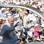 
              Pope Francis arrives to celebrate a mass for the closing of the International Eucharistic Congress, at Budapest's Heroes Square, Sunday, Sept. 12, 2021. Francis is opening his first foreign trip since undergoing major intestinal surgery in July, embarking on an intense, four-day, two-nation trip to Hungary and Slovakia that he has admitted might be overdoing it. (AP Photo/Laszlo Balogh)
            