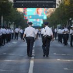 
              Police officers patrol the streets around Heroes' Square prior to the arrival of Pope Francis to celebrate mass, Budapest, Sunday, Sept. 12, 2021. Francis is opening his first foreign trip since undergoing major intestinal surgery in July, embarking on an intense, four-day, two-nation trip to Hungary and Slovakia that he has admitted might be overdoing it. (AP Photo/Vadim Ghirda)
            