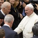 
              FILE - In this April 29, 2016, file photo Pope Francis shakes hands with Vice President Joe Biden as he takes part in a congress on the progress of regenerative medicine and its cultural impact, being held in the Pope Paul VI hall at the Vatican. The Vatican on Thursday, Oct. 29, 2021 abruptly canceled the planned live broadcast of President Joe Biden’s meeting with Pope Francis, pulling the plug on the eagerly-awaited audience and consolidating the limits on independent information coming out of the Holy See for the past 18 months. The Vatican press office provided no explanation for why the live broadcast of Biden’s visit had been trimmed to just the arrival of his motorcade in the courtyard of the Apostolic Palace.  (AP Photo/Andrew Medichini, File)
            