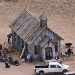 
              This aerial photo shows a film set at the Bonanza Creek Ranch in Santa Fe, N.M., Saturday, Oct. 23, 2021. Actor Alec Baldwin fired a prop gun on the set of a Western being filmed at the ranch on Thursday, Oct. 21, killing the cinematographer, officials said. (AP Photo/Jae C. Hong)
            