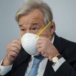 
              United Nations Secretary General Antonio Guterres wears a face mask at the end of a press conference in Rome, Friday, Oct. 29, 2021. Guterres blamed geo-political divides for hampering a global vaccination plan to reach "everyone, everywhere" to fight the COVID-19 pandemic. (AP Photo/Domenico Stinellis)
            