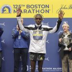 
              Benson Kipruto, of Kenya, celebrates after winning the men's division of the 125th Boston Marathon on Monday, Oct. 11, 2021, in Boston. (AP Photo/Winslow Townson)
            