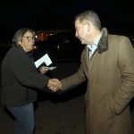 
              Mike Carey, right, Republican candidate for 15th Congressional District of Ohio, greets voter Sharon Mitchell outside of the Grove City, Ohio, recreation center in Grove City Tuesday, Nov. 2, 2021.  Carey and Democratic state Rep. Allison Russo are seeking the Columbus-area 15th Congressional District seat held by Republican Steve Stivers, who resigned to lead the Ohio Chamber of Commerce.  (AP Photo/Paul Vernon)
            