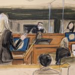 In this courtroom sketch, Ghislaine Maxwell's defense attorney Laura Menninger, left, cross examines a witness using the pseudonym "Jane"  Tuesday Nov. 30, 2021, in New York. The woman testified that she had repeated sexual contact with disgraced financier Jeffrey Epstein when she 14 and that Maxwell was there when it happened.  (Elizabeth Williams via AP)
