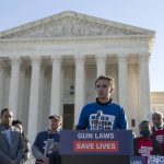 
              Parkland survivor and activist David Hogg speaks during a rally outside of the U.S. Supreme Court in Washington, Wednesday, Nov. 3, 2021. The Supreme Court is set to hear arguments in a gun rights case that centers on New York's restrictive gun permit law and whether limits the state has placed on carrying a gun in public violate the Second Amendment. (AP Photo/Jose Luis Magana)
            