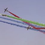 
              Al Fursan, the United Arab Emirates Air Force's aerobatic team, performs at the Dubai Air Show in Dubai, United Arab Emirates, Wednesday, Nov. 17, 2021. (AP Photo/Jon Gambrell)
            
