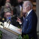 
              President Joe Biden speaks during the funeral service for former Sen. Bob Dole of Kansas, at the Washington National Cathedral, Friday, Dec. 10, 2021, in Washington. (AP Photo/Evan Vucci)
            