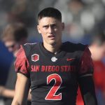 
              San Diego State place kicker Matt Araiza (2) plays during an NCAA football game against Utah on Sept. 18, 2021 in Carson, Calif (AP Photo/Denis Poroy)
            