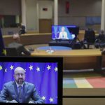 
              European Council President Charles Michel gives a speech via a video conference during a special session of World Health Assembly at the European Council building in Brussels, Tuesday, Nov. 29, 2021. The World Health Organization warned on November 29, 2021 the new Covid-19 Omicron variant poses a "very high" risk globally, despite uncertainties about the danger and contagion levels of the new strain. (Francois Walschaerts/Pool Photo via AP)
            