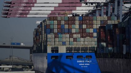 FILE - A container ship is docked at the Port of Long Beach in Long Beach in Calif., Oct. 1, 2021. ...