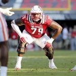 
              FILE - North Carolina State's Ikem Ekwonu (79) prepares to guard against Clemson during the second half of an NCAA college football game in Raleigh, N.C., in this Sept. 25, 2021, file photo. (AP Photo/Karl B DeBlaker, File)
            