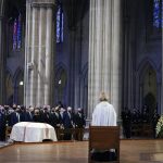 
              From left, President Joe Biden, first lady Jill Biden, Vice President Kamala Harris, her husband Doug Emhoff, former President Bill Clinton, and former Vice President Mike Pence, right, attend the funeral of former Sen. Bob Dole of Kansas, at the Washington National Cathedral, Friday, Dec. 10, 2021, in Washington. (AP Photo/Jacquelyn Martin)
            