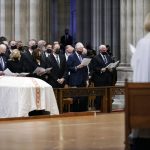
              From left, President Joe Biden, first lady Jill Biden, Vice President Kamala Harris, her husband Doug Emhoff, former President Bill Clinton, and former Vice President Mike Pence, right, attend the funeral of former Sen. Bob Dole of Kansas, at the Washington National Cathedral, Friday, Dec. 10, 2021, in Washington. (AP Photo/Jacquelyn Martin)
            