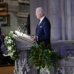 
              President Joe Biden speaks during the funeral service for former Sen. Bob Dole of Kansas, at the Washington National Cathedral, Friday, Dec. 10, 2021, in Washington. (AP Photo/Evan Vucci)
            