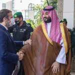 
              In this photo released by Saudi Royal Palace, Saudi Crown Prince Mohammed bin Salman greets French President Emmanuel Macron, left, upon his arrival in Jiddah, Saudi Arabia, Saturday, Dec. 4, 2021. (Bandar Aljaloud/Saudi Royal Palace via AP)
            