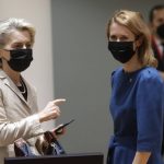 
              European Commission President Ursula von der Leyen, left, speaks with Estonia's Prime Minister Kaja Kallas during a round table meeting at an EU Summit in Brussels, Thursday, Dec. 16, 2021. European Union leaders meet for a one-day summit Thursday that will center on Russia's military threat to neighbouring Ukraine and on ways to deal with the continuing COVID-19 crisis. (Olivier Hoslet, Pool Photo via AP)
            