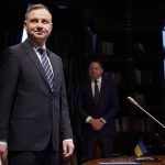 
              is Poland's President Andrzej Duda seen during his meeting with Ukrainian President Volodymyr Zelenskyy at the presidential residence in Ivano-Frankivsk region, 430 kilometers (270 miles) southwest of the capital, Kyiv, Monday, Dec. 20, 2021. (Ukrainian Presidential Press Office via AP)
            