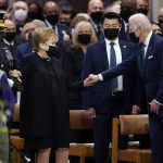 
              President Joe Biden greets Sen. Elizabeth Dole, accompanied by Chairman of the Joint Chiefs Mark Milley, left, as she arrives at the funeral for her husband, former Sen. Bob Dole of Kansas, at the Washington National Cathedral, Friday, Dec. 10, 2021, in Washington. (AP Photo/Jacquelyn Martin)
            