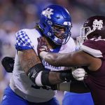 
              FILE - Kentucky offensive tackle Darian Kinnard (70) blocks Mississippi State defensive end Aaron Odom (17) during the second half of an NCAA college football game in Starkville, Miss., Oct. 29, 2021. (AP Photo/Rogelio V. Solis)
            