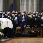 
              From left, President Joe Biden, first lady Jill Biden, Vice President Kamala Harris, her husband Doug Emhoff, and former President Bill Clinton, watch the casket of former Sen. Bob Dole of Kansas, arrive at the Washington National Cathedral, Friday, Dec. 10, 2021, in Washington. (AP Photo/Jacquelyn Martin)
            