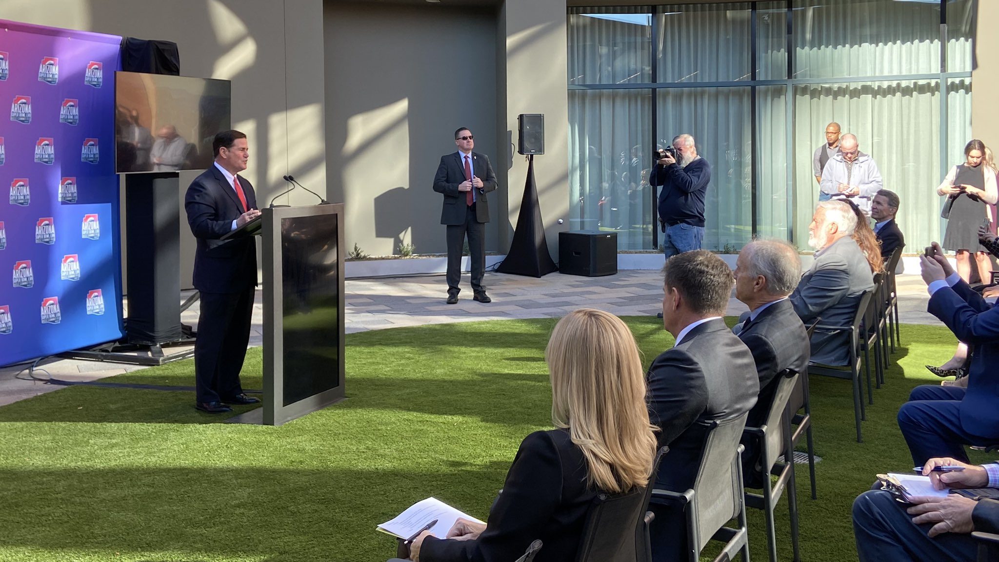 Arizona Gov. Doug Ducey speaks at the Arizona Super Bowl Host Committee kick off event on Monday in...