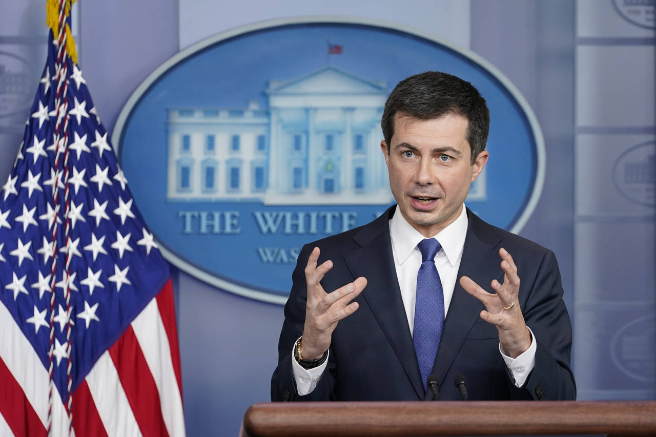 FILE - Transportation Secretary Pete Buttigieg speaks during the daily briefing at the White House ...