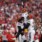 
              Cincinnati Bengals kicker Evan McPherson (2) celebrates with teammates after kicking a 31-yard field goal during overtime in the AFC championship NFL football game against the Kansas City Chiefs, Sunday, Jan. 30, 2022, in Kansas City, Mo. The Bengals won 27-24. (AP Photo/Eric Gay)
            