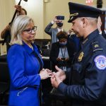 
              FILE - Rep. Liz Cheney, R-Wyo., speaks with U.S. Capitol Police Sgt. Aquilino Gonell after a House select committee hearing on the Jan. 6 attack on Capitol Hill in Washington, on July 27, 2021. (Jim Bourg/Pool via AP, File)
            