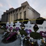 
              FILE - A makeshift memorial stands outside the Tree of Life Synagogue in Pittsburgh, Monday, Oct. 29, 2018 in the aftermath of a deadly shooting at the synagogue. (AP Photo/Matt Rourke, File)
            