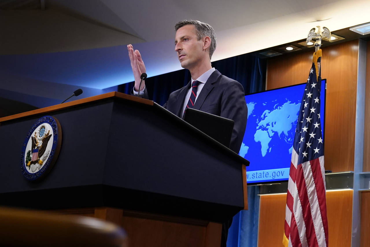 State Department spokesman Ned Price speaks during a briefing at the State Department in Washington...
