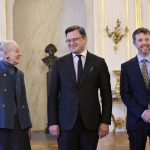 
              Queen Margrethe, left, and Crown Prince Frederik, right receive Ukrainian Foreign Minister Dmytro Kuleba in the Knights' Hall in Christian IX's Palace at Amalienborg in Copenhagen, Thursday, Jan. 27, 2022. Kuleba is on a two-day visit to Denmark. (Philip Davali/Ritzau Scanpix via AP)
            