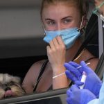 
              FILE - A dog keeps an eye on the presses as a woman has a swab taken at a drive-through COVID-19 testing clinic at Bondi Beach in Sydney, Tuesday, Dec. 21, 2021. The coronavirus variant has swept across Australia despite its high vaccination rate and strict border policies that kept the country largely sealed off from the world for almost two years. (AP Photo/Rick Rycroft, File)
            