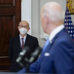 
              Supreme Court Associate Justice Stephen Breyer listens as President Joe Biden delivers remarks on the retirement of Breyer in the Roosevelt Room of the White House in Washington, Thursday, Jan. 27, 2022. (AP Photo/Andrew Harnik)
            