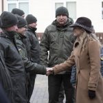 
              In this photo provided by Ukrainian National Guard Press Office Canada's Minister of Foreign Affairs Melanie Joly, right, greets Ukrainian soldiers during her visit to the National Guard base close to Kyiv, Ukraine, Tuesday, Jan. 18, 2022. (Ukrainian National Guard Press Office via AP)
            