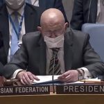 
              In this image taken from UN video, Russia's ambassador to the U.N., Vassily Nebenzia, speaks during an emergency meeting of the U.N. Security Council on Ukraine, Wednesday Feb. 23, 2022, at U.N. headquarters. (UNTV via AP)
            