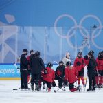 
              Members of Canada's women's hockey team practice at the 2022 Winter Olympics, Sunday, Jan. 30, 2022, in Beijing. (AP Photo/Jeff Roberson)
            