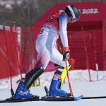 
              Luke Winters, of the United States looks down after skiing out during the first run of the men's slalom at the 2022 Winter Olympics, Wednesday, Feb. 16, 2022, in the Yanqing district of Beijing. (AP Photo/Robert F. Bukaty)
            