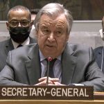 
              In this image taken from UNTV video, United Nation Secretary-General Antonio Guterres addresses an emergency meeting of the U.N. Security Council on Ukraine to deplore Russia's actions toward the country and plead for diplomacy, Wednesday, Feb. 23, 2022, at U.N. headquarters. (UNTV via AP)
            