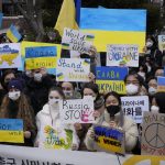 
              Protesters stage a rally against Russia's invasion of Ukraine, near the Russian Embassy in Seoul, South Korea, Monday, Feb. 28, 2022. (AP Photo/Ahn Young-joon)
            