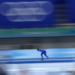 
              Andrea Giovannini of Italy competes during the men's speedskating 5,000-meter race at the 2022 Winter Olympics, Sunday, Feb. 6, 2022, in Beijing. (AP Photo/Ashley Landis)
            