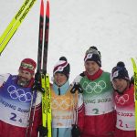 
              From left, Sergey Ustiugov, of the Russian Olympic Committee, Denis Spitsov, Alexander Bolshunov, and Alexey Chervotkin pose after winning the gold medal in the men's 4 x 10km relay cross-country skiing competition at the 2022 Winter Olympics, Sunday, Feb. 13, 2022, in Zhangjiakou, China. (AP Photo/Aaron Favila)
            