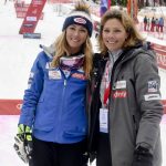
              FILE - United States' Mikaela Shiffrin, left, poses for photos with her mother Eileen after winning an Alpine Skiing World Cup women's Slalom, in Spindleruv Mlyn, Czech Republic, March. 9, 2019. (AP Photo/Marco Tacca, File)
            