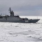 
              In this photo taken from video and released by the Russian Defense Ministry Press Service on Monday, Feb. 7, 2022, a detachment of warships of the Pacific Fleet passes through ice fields in La Perouse Strait from the Sea of Japan to the Sea of Okhotsk. The Russian military has launched a series of drills amid tensions with the West over Ukraine. (Russian Defense Ministry Press Service via AP)
            