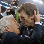 
              FILE - New England Patriots owner Robert Kraft, left, embraces quarterback Tom Brady after defeating the Jacksonville Jaguars in the AFC championship NFL football game, Sunday, Jan. 21, 2018, in Foxborough, Mass. The Patriots won 24-20. Tom Brady has retired after winning seven Super Bowls and setting numerous passing records in an unprecedented 22-year-career. He made the announcement, Tuesday, Feb. 1, 2022, in a long post on Instagram. (AP Photo/Winslow Townson, File)
            
