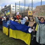 
              Protestors take part in a demonstration outside a NATO leaders virtual summit at NATO headquarters in Brussels, Friday, Feb. 25, 2022. U.S. President Joe Biden and his NATO counterparts will seek Friday to reassure member countries on the alliance's eastern flank that their security is guaranteed as Russia's large-scale invasion of Ukraine closes in on the capital Kyiv. (AP Photo/Mark Carlson)
            