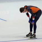
              Sven Kramer of the Netherlands reacts after his heat in the men's speedskating 5,000-meter race at the 2022 Winter Olympics, Sunday, Feb. 6, 2022, in Beijing. (AP Photo/Ashley Landis)
            