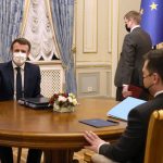 
              Ukrainian President Volodymyr Zelenskyy, right, meets French President Emmanuel Macron, Tuesday, Feb. 8, 2022 in Kyiv, Ukraine. Diplomatic efforts to defuse the tensions around Ukraine continued on Tuesday with French President Emmanuel Macron in Kyiv the day after hours of talks with the Russian leader in Moscow yielded no apparent breakthroughs. (AP Photo/Thibault Camus, Pool)
            